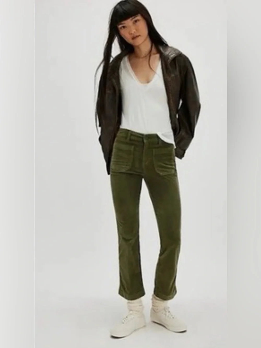 FREE PEOPLE High Time Velvet Kick Flare Pants Chive Green Size 12 NWT